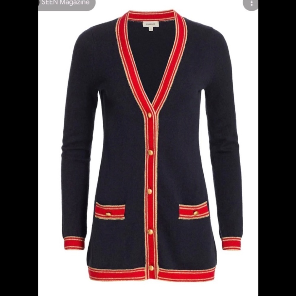 NWT L’Agence Wool Cashmere Ariel Navy Red Gold Cardigan Sparkle Metallic Holiday - Picture 2 of 13